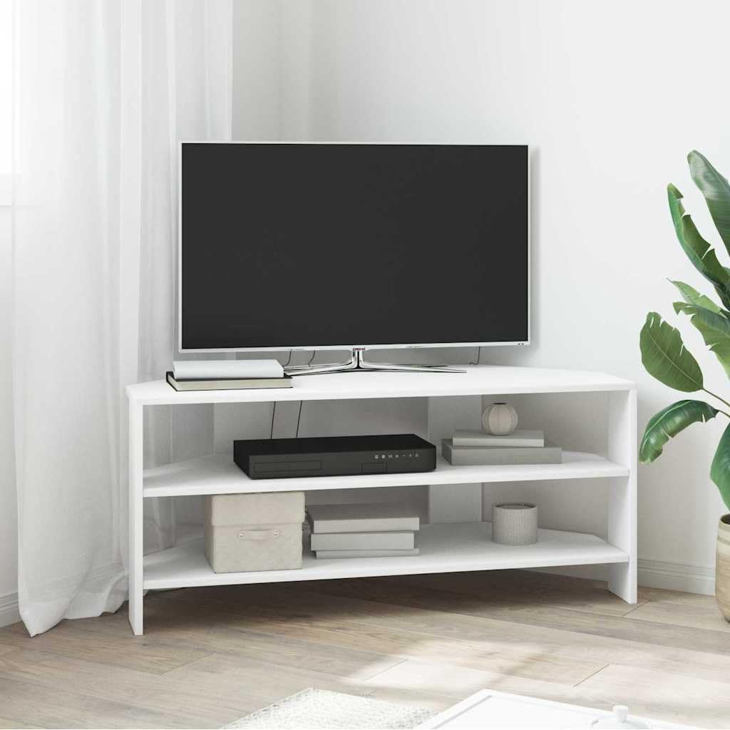 Narożna szafka pod telewizor biała z materiału drewnopochodnego 102 x 40,5 x 45 cm, szafka pod telewizor jako szafka pod telewizor i meble multimedialne z 2 półkami, do salonu, kina domowego i