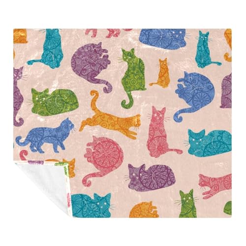 Couverture polaire microfibre chat mandala multicolore confortable