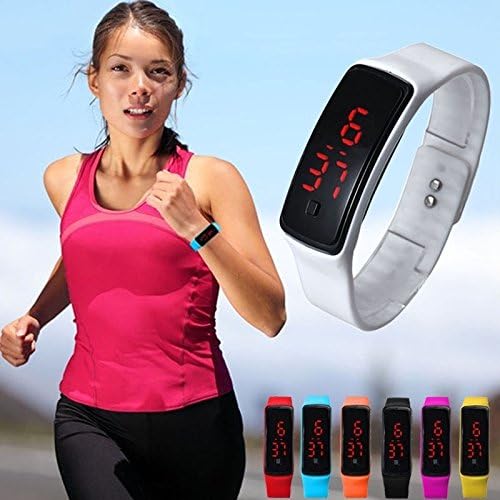 Woman wearing a Walfront LED Electronic Watch on her wrist while running.
