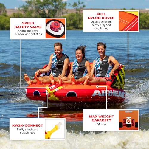 Airhead Mable Inflatable Towable Tube, 1-4 Rider Models, Dual Tow Points, Full Nylon Cover, EVA Foam Pads, Patented Speed Valve, Boat Tubes and Towables