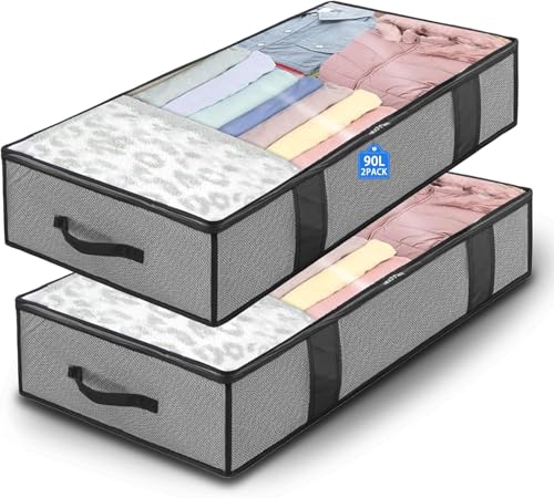 Contenitori Sottoletto 90L 2 Pezzi - Scatole per Letto Contenitore - Scatole Sottoletto - Confezione Contenitore Sottoletto Pieghevole - con Cerniera e Maniglie - per Vestiti, Trapunte, Coperte