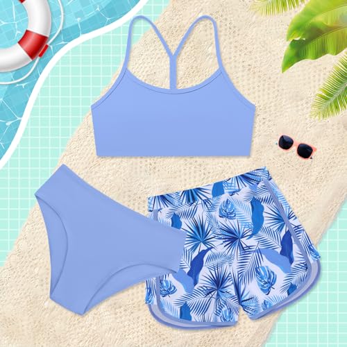Image of Weixinbuy Girls 3 Piece Swimsuit Bathing Suits Solid Bikini Set with Printed Sports Shorts Swimwear for 9-16Y Teen Girls