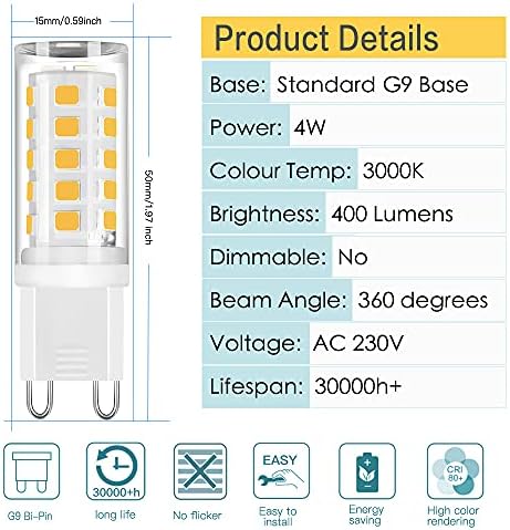 CQTLED G9 LED Bulbs Warm White 3000K,4W Equivalent to 35W 40W Halogen Bulbs,No Flicker,Non-Dimmable, Energy Saving Light Bulbs,G9 LED Lamp for Ceiling Lights,10 Pack