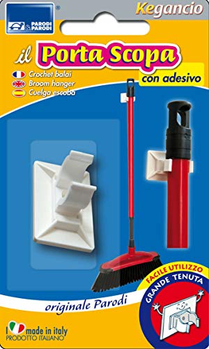 Parodi&Parodi Porta, portascopa Adesivo, Appendere, Gancio appendi Scopa da Usare con Biadesivo e/o Vite di Fissaggio, Facile utilizzo, Neutro, Standard