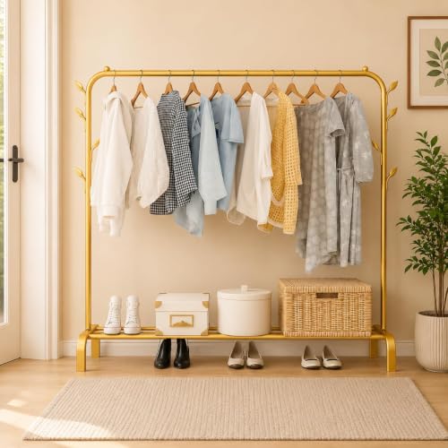 Image of HIWARE Metal Multifunctional Garment Stand Cloth Rack Freestanding Storage Organizer Stainless Steel Spider Strainer Ladle, 5.4 Inch - 150 x 110 x 40 CM ((Gold)