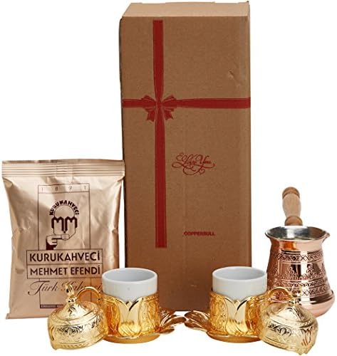 "CopperBull" Thickest Copper Turkish Greek Coffee Pot with Heavy Duty Cups Saucers & Coffee Set for 2 (Gold)