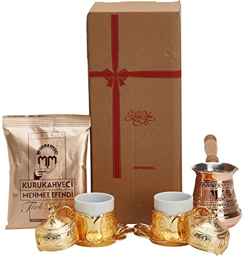 "Copperbull" Thickest Copper Turkish Greek Coffee Pot With Heavy Duty Cups Saucers & Coffee Set For 2 (Gold) #TOP13