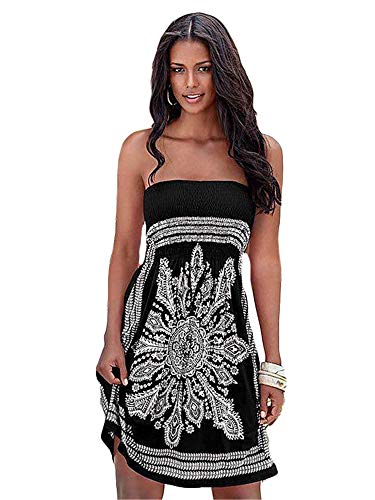 Women's Strapleess Floral Print Beach Dress Summer Casual Cover Up Sundress Mini Beach Dresses Cover-ups Dress