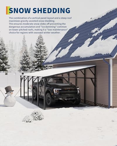 Image of Garvee 12x25 ft Lean-to Metal Carport, Vertical Roof Wall-Mounted Car Port for Snow Shedding, Heavy-Duty 19-Ga. Steel Frame, 107 inch to 78 inch Height for Long-Bed Pickup & SUV