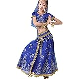 SHADIOA Mädchen Bauchtanz Kostüm Bollywood indisches Outfit Mädchen Party Kostüm Glänzendes Karnevals Outfit, Kinder Arabische Prinzessin Kleidung Cosplay Tanzkleidung (5-teiliges Set,Blau,L