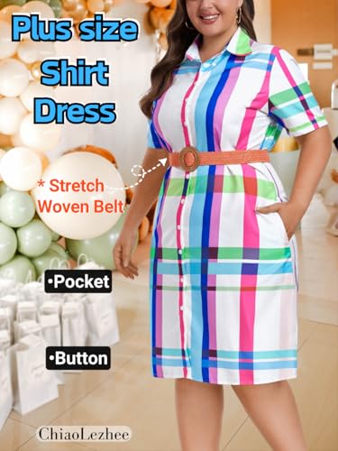 Image of ChiaoLezhee Plus Size Shirt Dress, Colorful Plaid Match Waistband, Fits 1XL-5XL