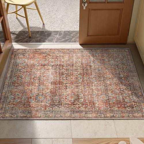 GENIMO 2x3 Area Rugs for Living Room, Machine Washable Non Slip Vintage Rugs, Low Pile Lightweight Chenille Print Rug for Bedroom, Dining Room, Home Office, Terracotta Indigo
