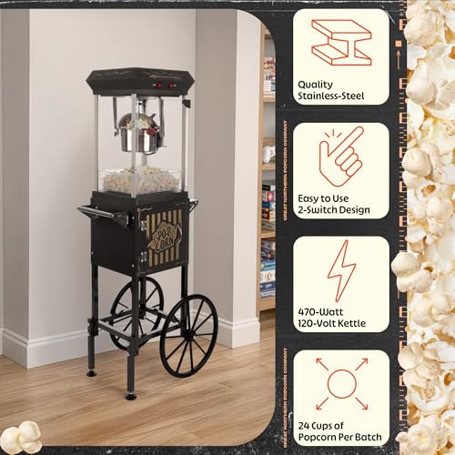 Image of Popcorn Machine with Cart and 6 oz Stainless Steel Kettle - Vintage Style Retro Popcorn Maker Machine on Wheels with Cabinet for Home Movie Room, Parties, and Events by Great Northern Popcorn (Black)