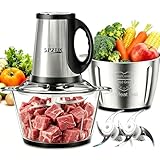 SPZTJK 3-Speed Electric Food Processor: Meat Grinder, Vegetable Chopper & Baby Food Maker - 300W, 2 Bowls (8 Cup Stainless Steel+8 Cup Glass), Quiet Operation