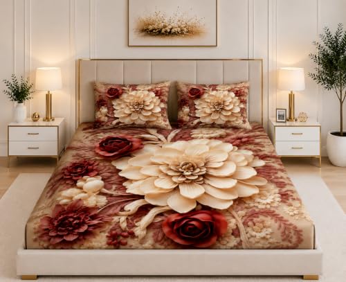 Image of 7D Digital Printed King Size Bedsheet | 240TC Premium Cotton Feel Microfiber with 2 Pillow Covers | Soft Breathable & Wrinkle Free Bedding Set | (REDFLW, King Size-90x100 Inch)