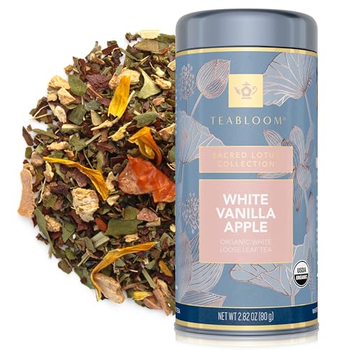 Teabloom Organic White Tea, White Ginger Vanilla Apple Loose Leaf Tea, After-Dinner Tea with Sweet Vanilla and Spice, USDA Certified Organic, Whole Leaf Blend,2.82oz /80 g, Canister Makes 35-50 Cups
