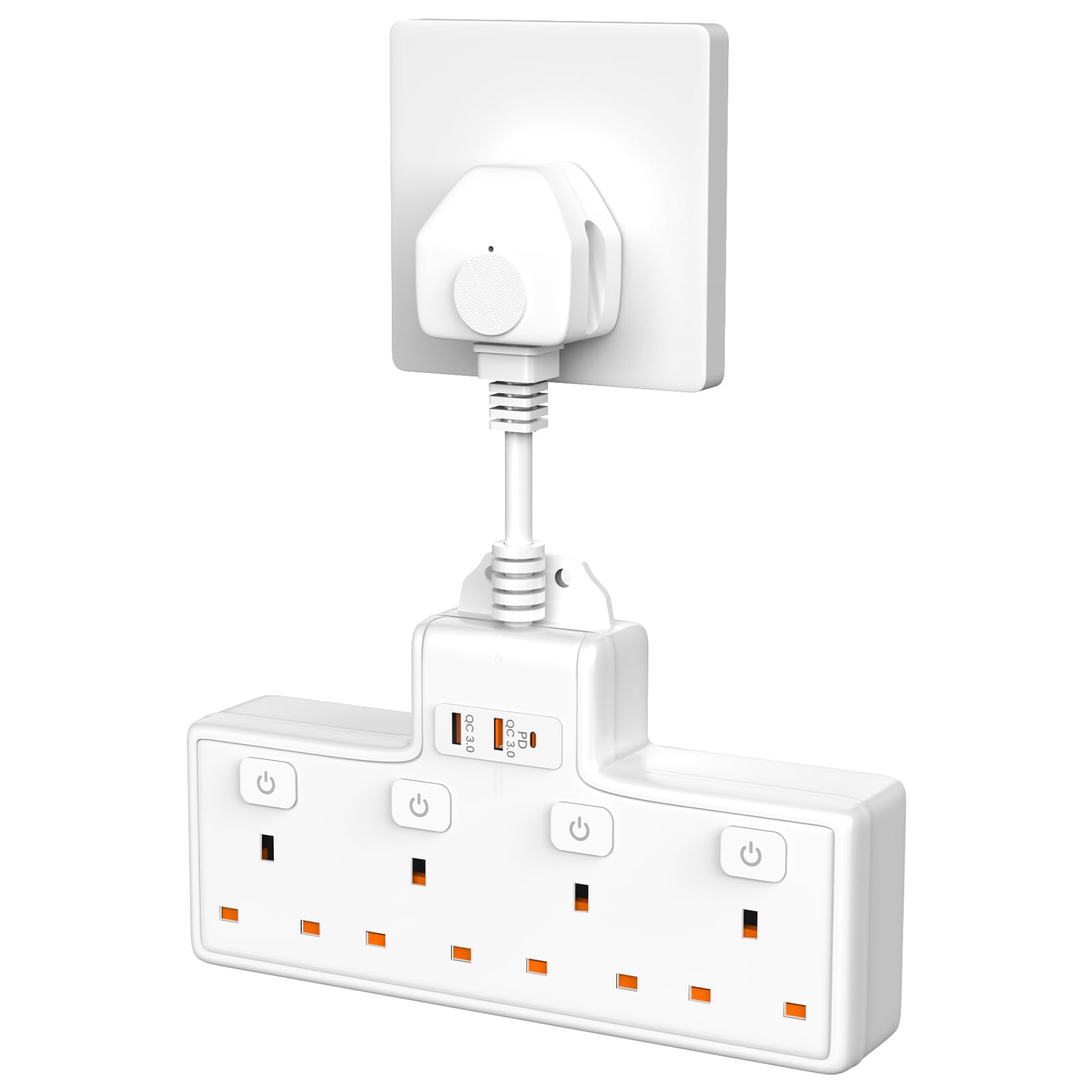 Multi Plug Adaptor, 4 Way Plug Adapter Extension Socket with PD20W USB C Slot, UK Wall Adaptor with 3 USB, Multi Outlets Extender for Home, Office, Kitchen