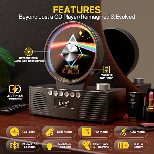 Image of Retro Portable CD Player for Home Decor, CD Player with Speakers, Bluetooth /Battery /Remote, Desktop Vintage CD Players for Kids to Seniors, Combo with Radio /USB Driver /Stereo Sound /AUX /Timer