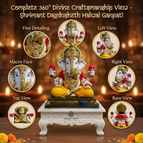 Image of Shrimant Dagdusheth Halwai Ganpati Idol for Home Temple Decor | Marble Dust Lord Ganesha Murti for Pooja Room Office Gift | Multicolor Glossy Finish | 8 Inch