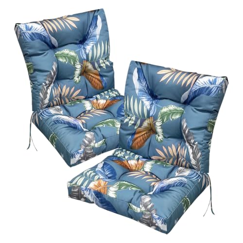 Eoieov Outdoor Wicker Chair Cushions Set of 2 Printed Flower Patio Chair Cushion with Back and Ties,Outdoor Dining Chair Pads Waterproof 41.7"*20.8"*3.9" Blue Ye