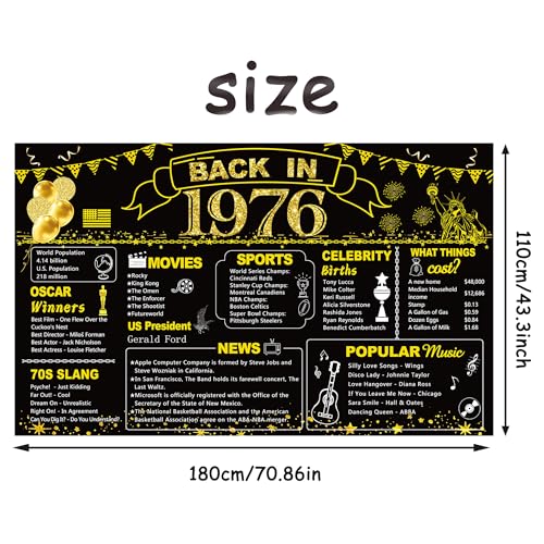 Image of DARUNAXY 50th Birthday Black Gold Party Decoration, Back in 1976 Banner 50 Year Old Birthday Party Poster Supplies Vintage 1976 Backdrop Photography Background for Men & Women 50th Class Reunion Decor