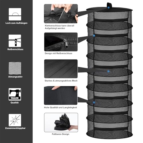 Image of Desy & Feeci Drying Net Herbs 8-Layer Hanging Herb Drying Rack Drying Net with Zippers, Black, 23.6 x 63 inches