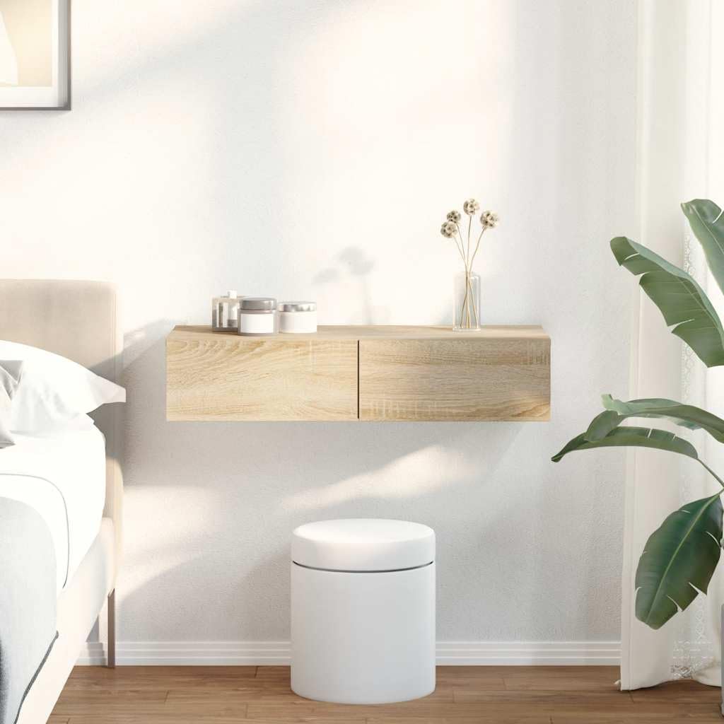 Estantería de pared con cajones, roble Sonoma, 80 x 33 x 17 cm, material de madera, estante flotante para salón, dormitorio, pasillo, moderno estante de pared, soporta hasta 60 kg
