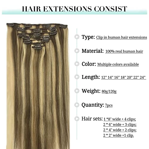 Image of DOORES Human Hair Extensions, Medium Brown Highlighted Golden Blonde 80g 7pcs 12 Inch, Clip in Hair Extensions Real Human Hair Extensions Human Hair Natural Straight Hair