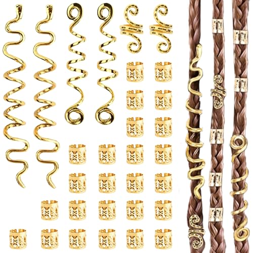LUFFLOK 31 Stück Gold-Haarschmuck für Zöpfe, Dreadlocks Schmuck, Haaranhänger für Frauen und Männer, Manschetten-Clips für Haar-Dreadlock, Dreadlocks Perlen Flechtet Haarspiralen Clips (31 Stück)