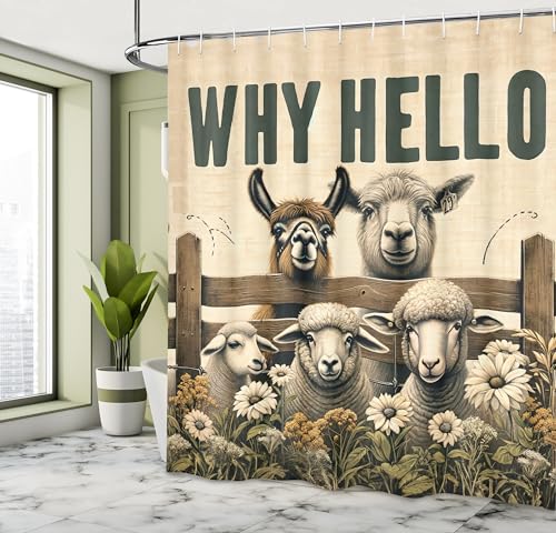 Ambesonne-Farmhouse-Shower-Curtain-Why-Hello-Lettering-with-Alpaca-Cow-and-Sheep-in-Meadow-Flowers-Cloth-Fabric-Bathroom-Decor-Set-with-Hooks-69-W-x-70-L-Beige-Brown-and-Reseda-Green Ambesonne Farmhouse Shower Curtain Why Hello Lettering with Alpaca Cow and Sheep in Meadow Flowers Cloth Fabric Bathroom Decor Set with Hooks 69 W x 70 L Beige Brown and Reseda Green