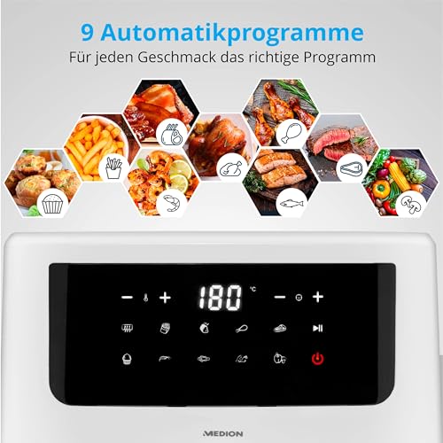 MEDION P10 XL Duo Heißluftfritteuse (6,8 Liter XXL, Airfryer, 2.150 Watt, zwei Heizelemente aus Edelstahl, Schüttel Alarm, 9 Automatikprogramme, Touch Bedienfeld, LED Anzeige) weiß – Bild 5