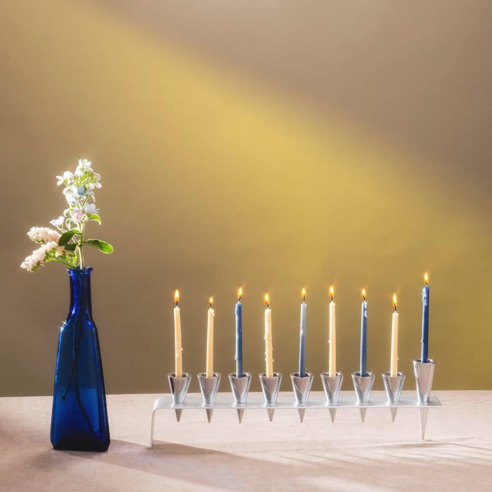 Yair Emanuel | Hanukkah Hanukah Menorah - Metal Strips with Silver Color Cones Candles Holder 9 Branch - Hanukkiyah Judaica | Silver | HMK-1