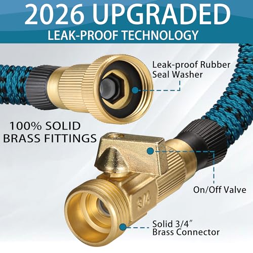 100 FT Garden Hose – 2026 Upgarded Expandable Garden Hose w/10 Pattern Spray Nozzle, 650psi Brass 3/4” Fittings – Lightweight, Durable, Kink-Free, Retractable Water Hoses for Garde image 2