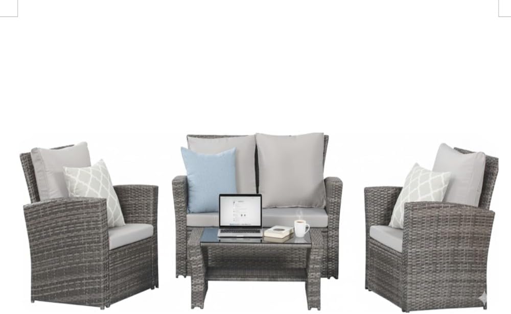 Wicker Patio Conversation Set with Gray Cushions and Tempered Glass Table for Outdoor Living Spaces