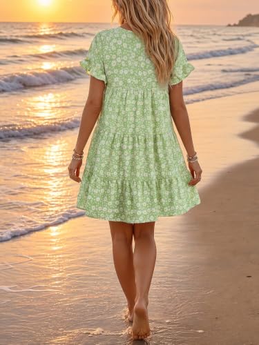 Image of Chuanqi Womens Ruffles Boho Floral Printed Babydoll Loose Swing Casual Short Mini T-Shirt Dress