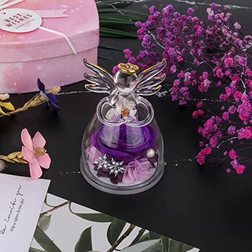 Encavy Preserved Flower Rose Gifts In Glass Angel Figurines,Birthday Gifts For Women,Angel Rose Gifts For Her, Mom Gifts From Daughter Son, Purple Real Rose Flower Gifts For Her Grandma Wife #TOP6