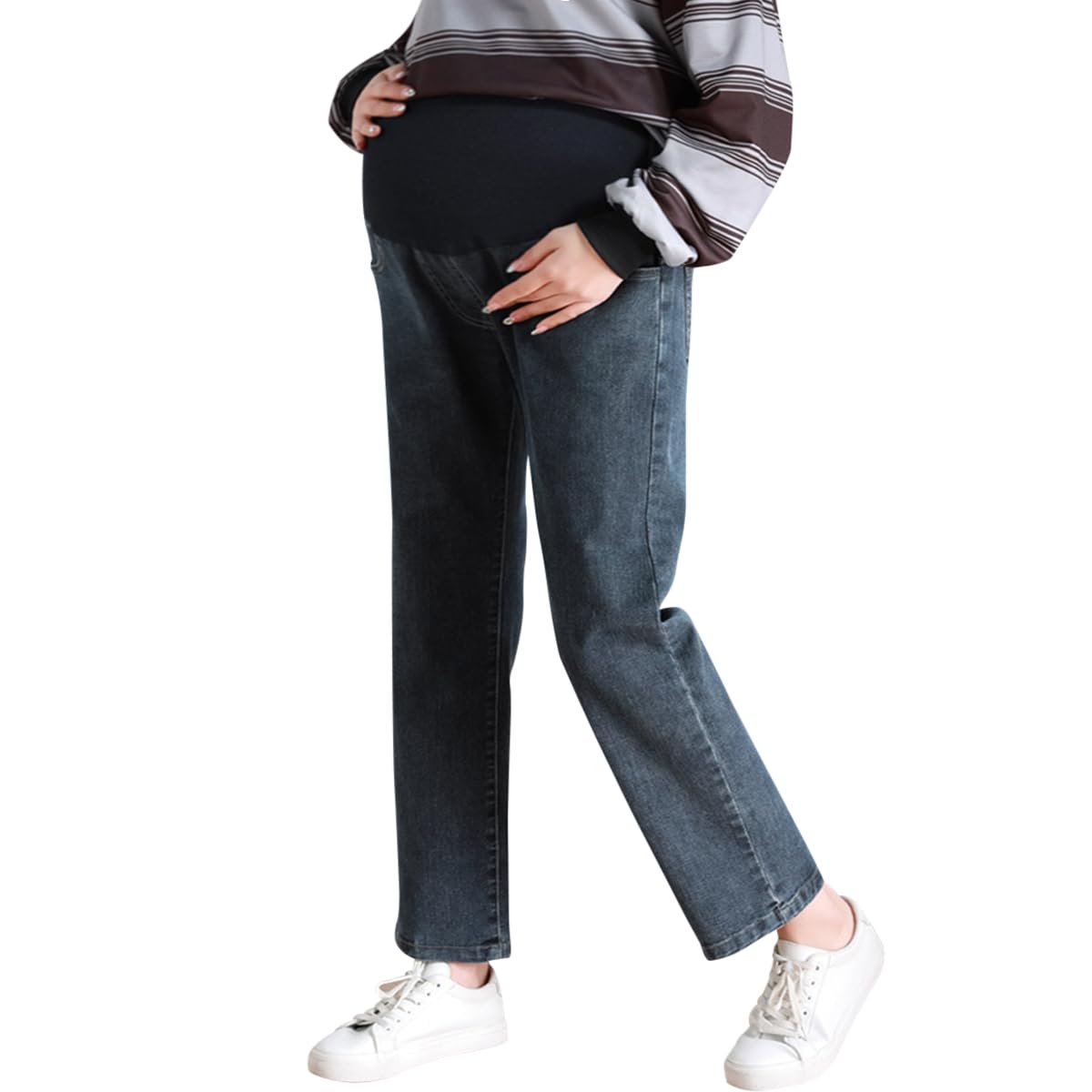 Jeans de Grossesse Femme Jambe Droite Coupe décontractée Jeans de Maternité Pantalon de Grossesse en Denim à Jambes Larges Pantalon Jean avec Poches pour Femmes Enceintes