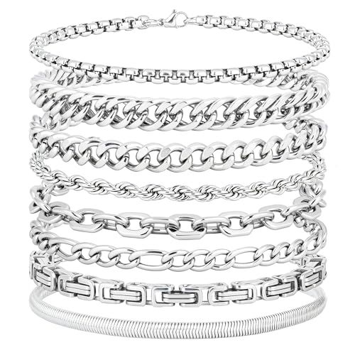 ELLEWIN Chain Bracelet for Men Stainless Steel Cuban Link Curb Figaro Herringbone Rope Paperclip Snake Byzantine Curb Chunky Chain Silver Bracelets Jewelry Set for Men 8.3 Inches