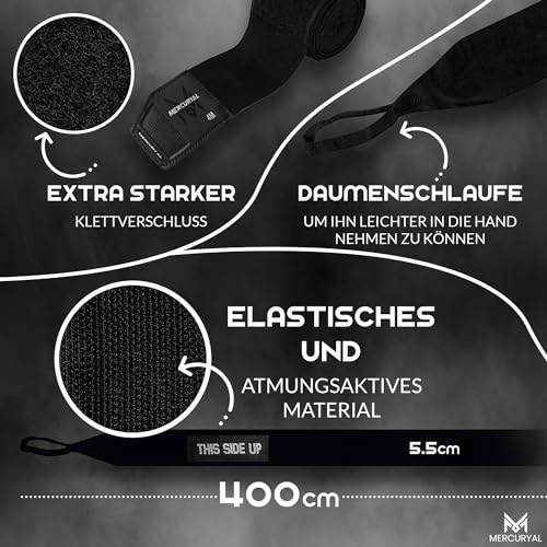 MERCURYAL Premium 4m Boxbandagen mit Daumenschlaufe - Bandagen Boxen - Boxbandagen Herren - Box Bandagen - Boxing Wraps - Boxbandage Hand für Boxen Kickboxen,MMA Boxen Muay Thai (Schwarz, 4M)