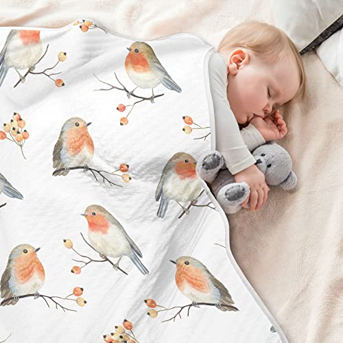 Image of Swaddle Blanket Robin Birds Cotton for Infants, Receiving Lightweight Soft Swaddling for Crib, Stroller, Nursery, 30x40 in, White
