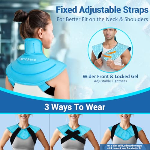 Image of Comfytemp Ice Pack for Neck Shoulders Pain Relief, Reusable Gel Shoulder Ice Pack Wrap, Cold Compression Therapy for Upper Back, Cervical Injuries, Rotator Cuff, Recovery Items (Small, Bright Blue)