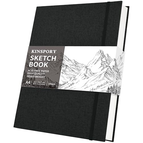 Image of KINSPORY Hardcover Cloth Sketchbook, Sketch Pad, 100 Pages (50 Sheets) 150gsm Professional Perforated Sketch Paper, Travel Drawing Pad for Artists, Adult, Teens (Black, A4)