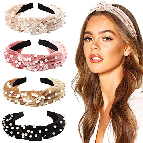 Image of DRESHOW 4 Pack Velvet Pearl Headbands for Women Girls Bow Turban Vintage Boho Head Bands Wraps Hoop Hair Accessories Gift