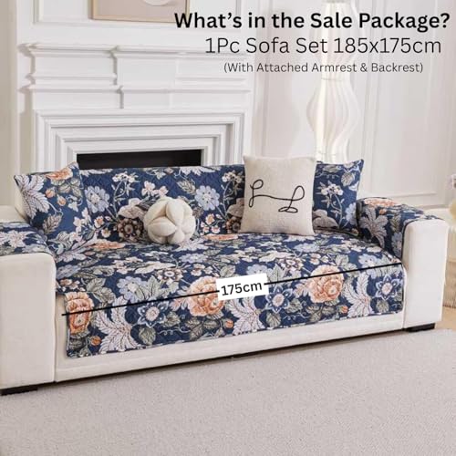 Image of HOMETHREADS Premium Style Anti Slip Sofa Cover Set | Cotton Sofa Slipcover | 1Pc Front Cover with Attached Armrest + 1Pc Back Cover (Rose Blue, 3 Seater | 175x185cm)