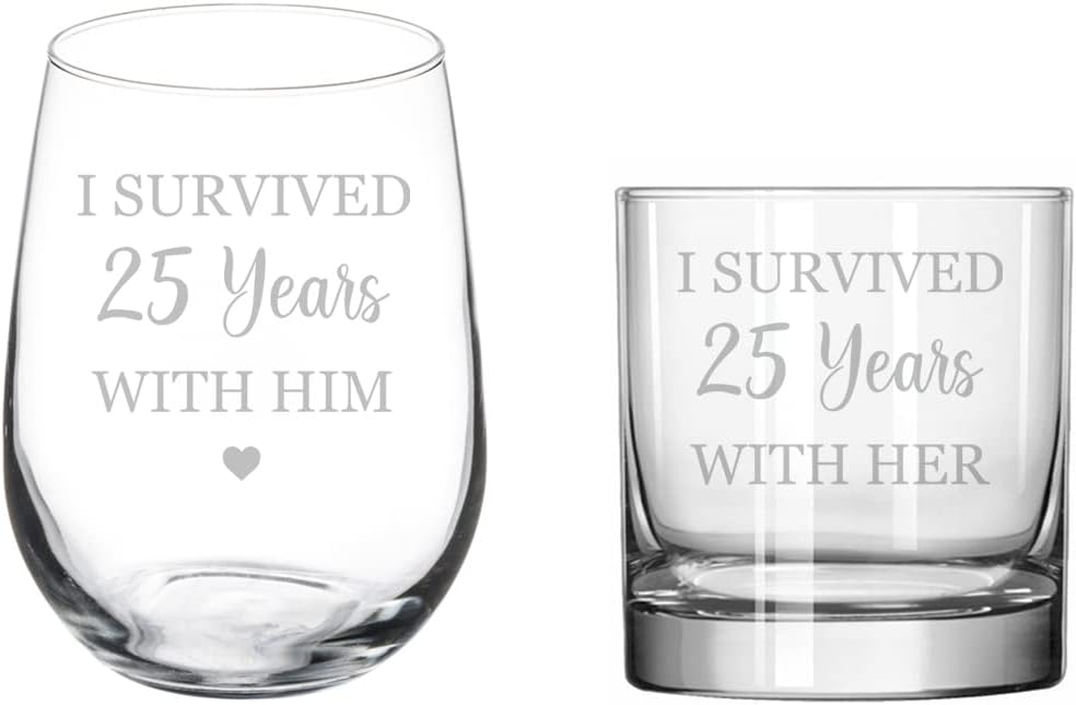 MIP Set of 2 Glasses Stemless WINE & ROCKS Whiskey Gift I Survived 25 Years 25th Anniversary