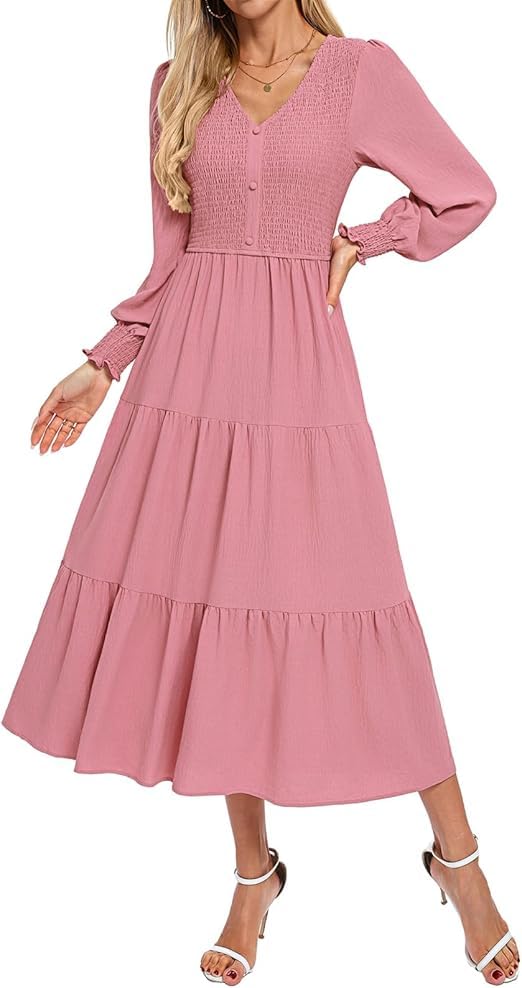 Kate Kasin Ausgestelltes Maxikleid für Frauen Herbst Winter Langarm V-Ausschnitt Gesmoktes Taille Stufenrock mit Knopfleiste Rosa XXL
