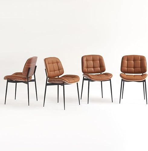 Sillas de comedor modernas de mediados de siglo con respaldo de grano de nogal, juego de 4 sillas de comedor de cuero sintético marrón, sillas de