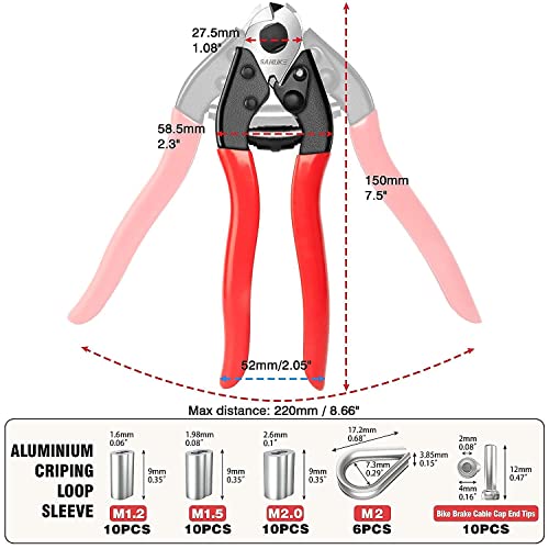 Sanuke Cable Cutter, Wire Cutter Heavy Duty Up To 5/32" For Housing Fencing Deck Stair Railing With Crimping Sleeves, Stainless Steel Thimbles And Bike Brake Cable Cap End Tips #TOP1