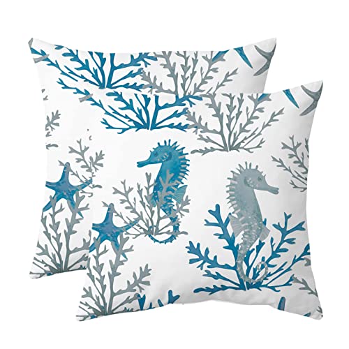 Coastal Throw Pillow Covers Set Of 2 Ocean Theme Seahorse Coral Starfish Watercolor Decorative Pillow Cases Beach Couch Cushion Cover For Outdoor Sofa Bed Living Room Home Decor, 18" X 18" Blue #TOP4