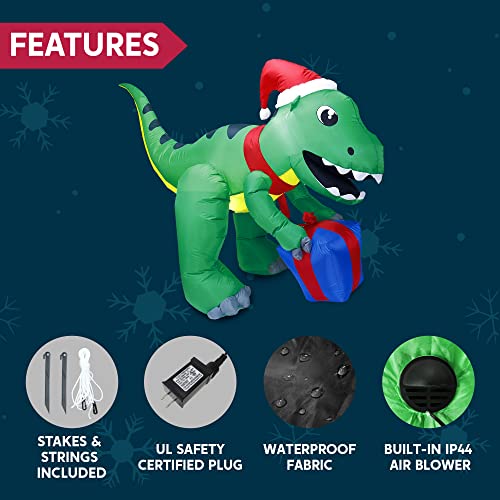 Joiedomi Dinosaure de Noël gonflable de 1,5 m de haut, dinosaure gonflable avec boîte cadeau, LED gonflables intégrées lumineuses, décoration de cour de Noël géante pour Noël, vacances, jardin, – Image 8